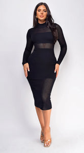 Taima High Neck Sheer Pointelle Midi Dress Black