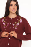 Brittany Placed Embroidery Flower Cardigan Burgundy