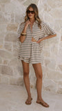 Tali Button Up Shirt and Shorts Set Beige Green Stripe
