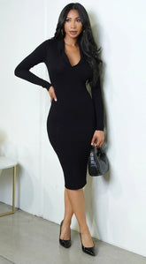 Samaira Collared Ribbed Midi Dress Black