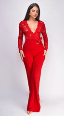 Milani Long Sleeve Lace Crochet Jumpsuit Red