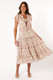 Levelle Midi Ruffle Dress Ivory Red Green Floral