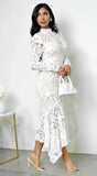 Ishani Mock Neck Lace Midi Dress White