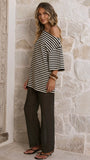 Pia One Shoulder Oversize Tee Black White Stripe
