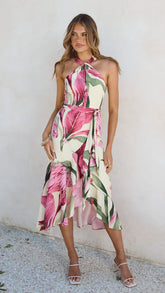 Alma Midi Dress Lemon Pink Floral