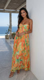 Nayira Floral Pleated Strapless Maxi Dress Orange Multi