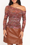 Elfrida Off Shoulder Mesh Top Brown Floral