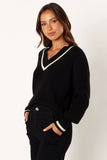 Dominique Contrast Vneck Knit Sweater Black Cream