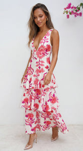 Azélie Floral Tiered Maxi Dress Pink Multi