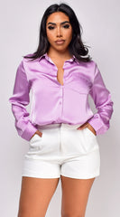 Braylee Satin Button Down Blouse Top Lavender
