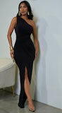 Geneva One Shoulder Wrap Maxi Dress Black