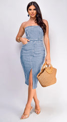Lucia Denim Front Slit Midi Dress Light Blue