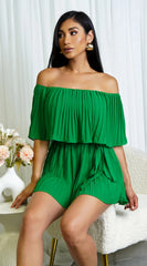 Jazmin Off Shoulder Pleated Romper Green