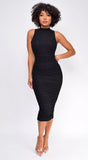 Delina High Neck Ruched Midi Dress Black