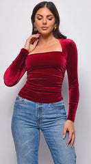 Adora Velvet Square Neck Long Sleeve Top Burgundy