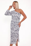 Pontee One Shoulder Pleated Midi Dress Navy Floral