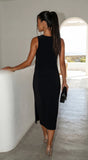 Aureva Pleated Gold Accent Midi Dress Black