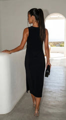 Aureva Pleated Gold Accent Midi Dress Black