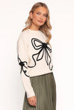 Isiora Bow Embroidered Knit Sweater Cream