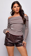 Pasadena Off Shoulder Ribbed Top Brown