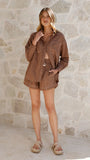 Greer Long Sleeve Top and Shorts Set Brown