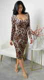 Rhea Square Neck Leopard Print Midi Dress Brown