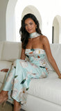 Elysira Reverse Halter Floral Satin Maxi Dress Mint Blue