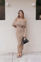 Domitia Off Shoulder Knit Dress Brown