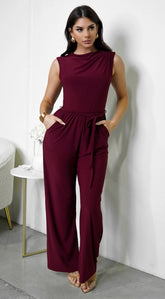 Shera Mock Neck Sleeveless Wide Leg Jumpsuit Burgundy