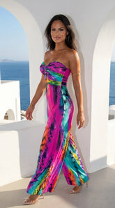 Sayla Multi Print Color Strapless Jumpsuit Pink Multi