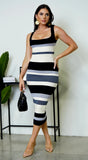 Mari Stripe Multi Color Midi Dress Black