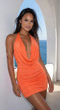 After Dark Cowl Neck Ruched Mini Dress Orange