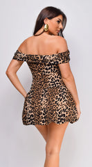 Mayana Leopard Print Off Shoulder Mini Dress Brown