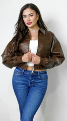 Nolair Bomber PU Leather Jacket Brown
