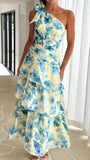 Odilie One Shoulder Maxi Dress Yellow Blue Floral