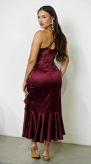 Sorrente Satin Twist Front Midi Dress Burgundy