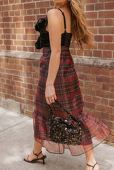 Amelie Bow Front One Shoulder Midi Dress Red Plaid