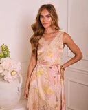 Soft Rise Wrap Floral Satin Lace Midi Dress