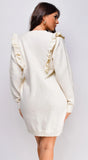 Juno Long Sleeve Ruffle Detail Sweater Mini Dress Ivory