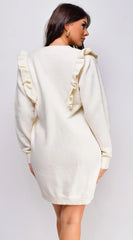 Juno Long Sleeve Ruffle Detail Sweater Mini Dress Ivory