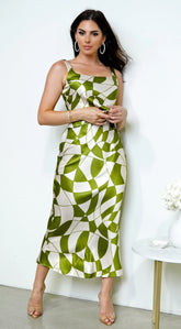 Addison Geo Print Satin Skirt Set Green