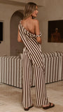 Liana Off Shoulder Top Pants Set Brown Stripe