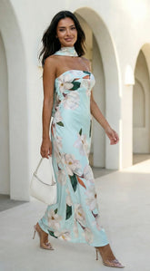 Elysira Reverse Halter Floral Satin Maxi Dress Mint Blue