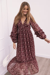Evian Long Sleeve Maxi Dress Burgundy Multi