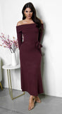 Zoya Off Shoulder Ribbed Midi Dress Brown