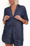 Aaliyah Chambray Tie Front Top Dark Wash