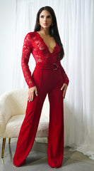 Milani Long Sleeve Lace Crochet Jumpsuit Red