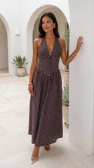 Calypra Polka Dot Halter Maxi Dress Brown
