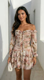 Sorrento Garden Floral Off Shoulder Ruffle Mini Dress Beige Multi