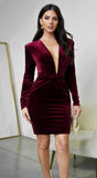 Aless V Neck Front Twist Velvet Mini Dress Burgundy